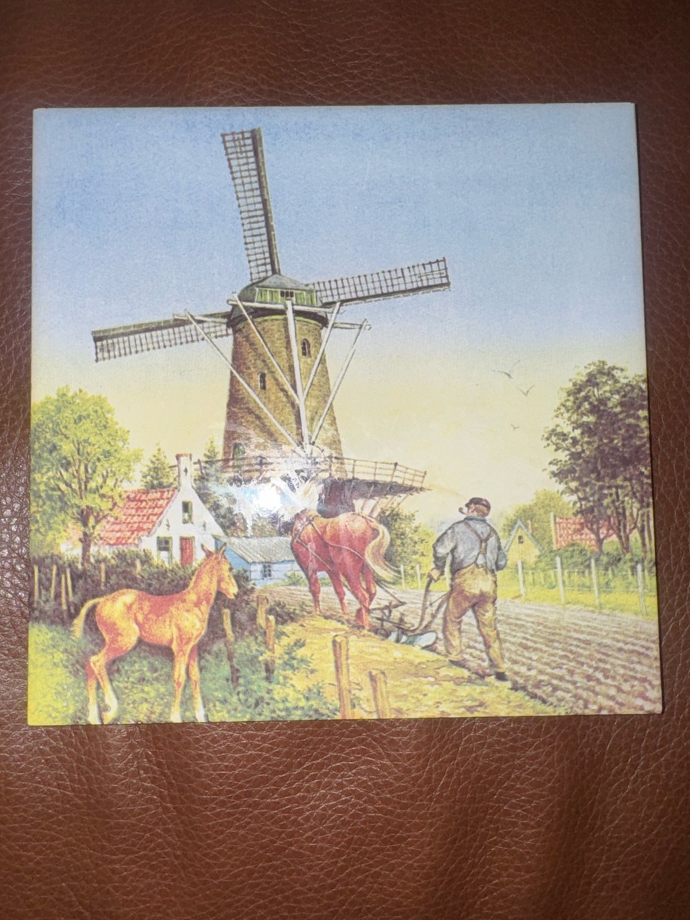 Dutch Polychrome Windmill Farm Scene Ceramic Tile, Holland 6x6